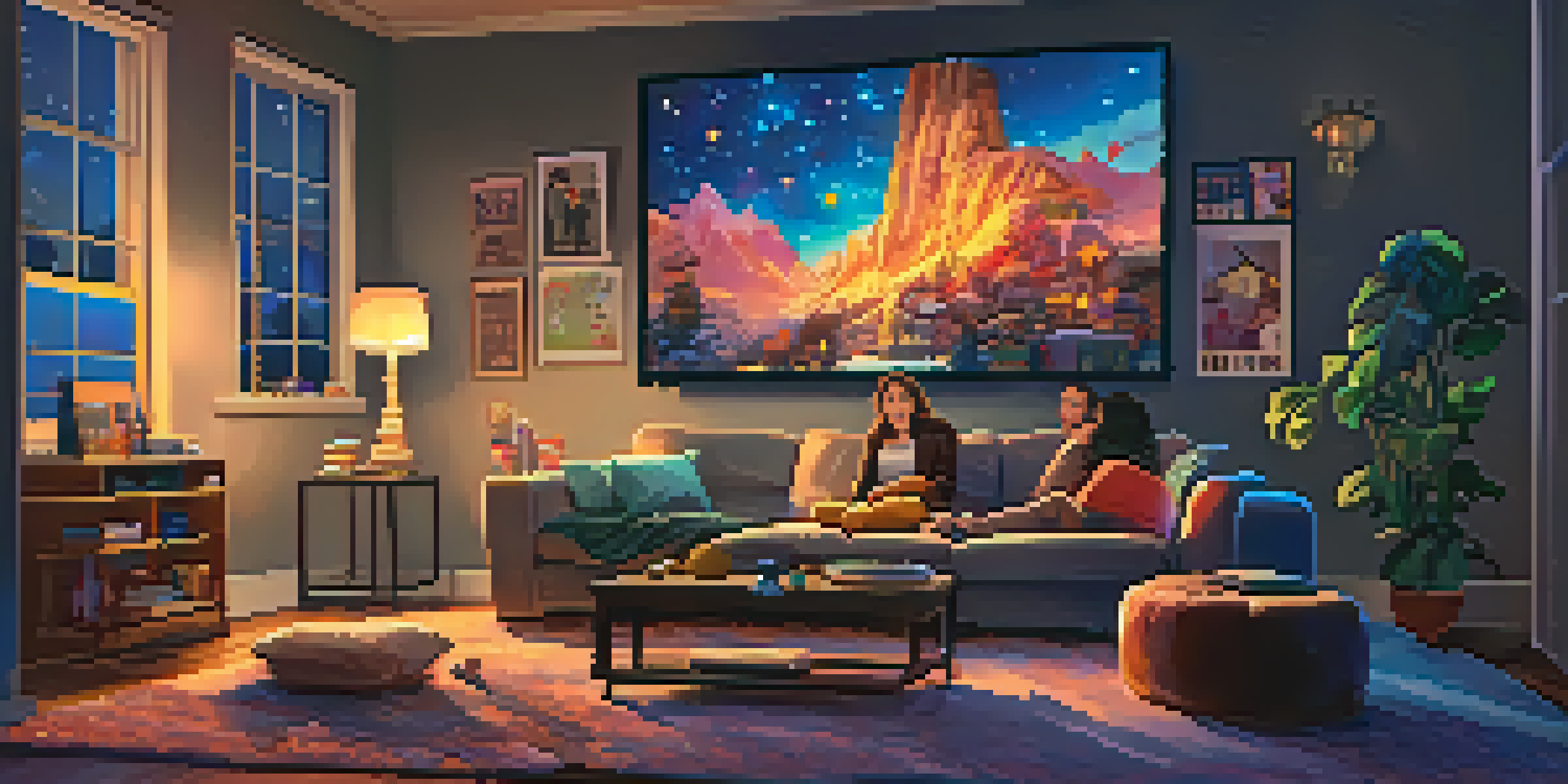 A family gathered in a cozy living room for movie night with a warm atmosphere and a starry sky visible through the window.