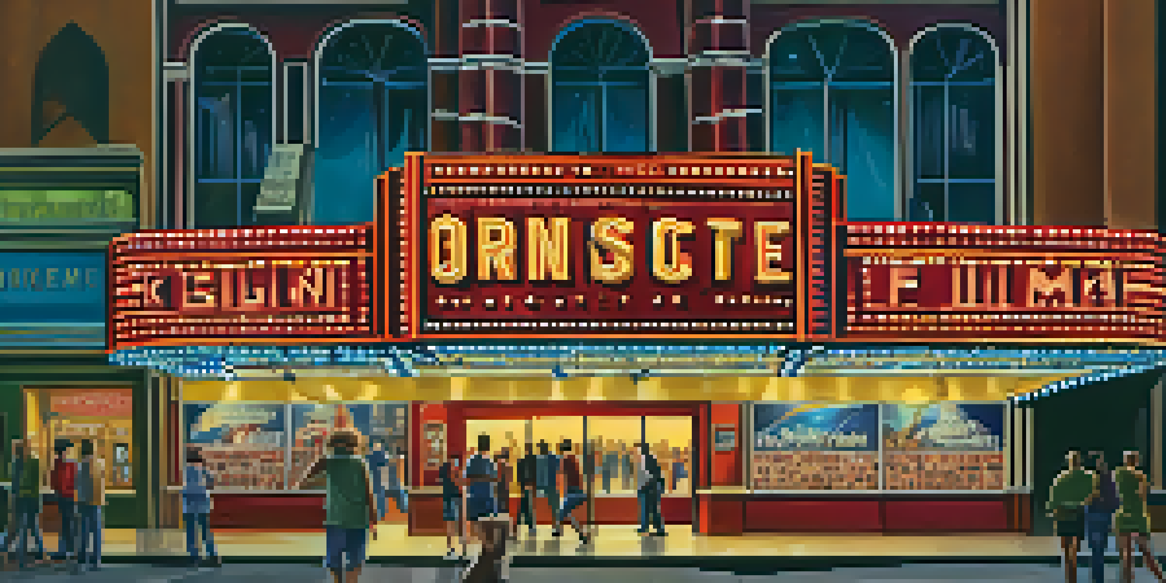 A lively movie theater marquee glowing at night with excited moviegoers in line.
