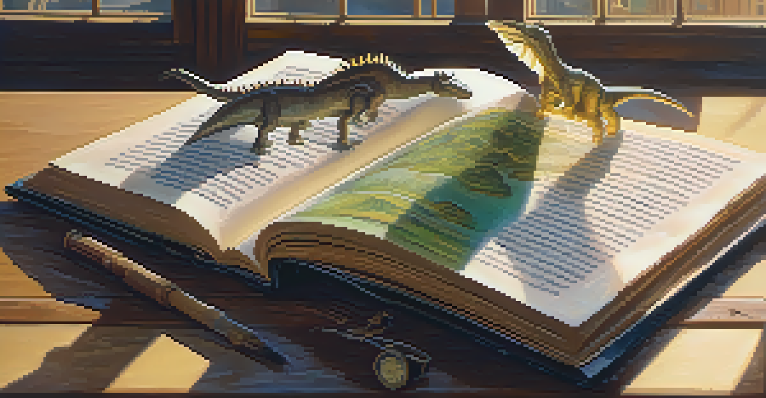 An open book with illustrations of various time periods, illuminated by warm sunlight.
