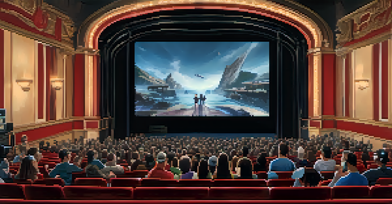 A split image contrasting a traditional cinema with an audience and a vibrant VR world where viewers interact with characters, highlighting the evolution of film experiences.