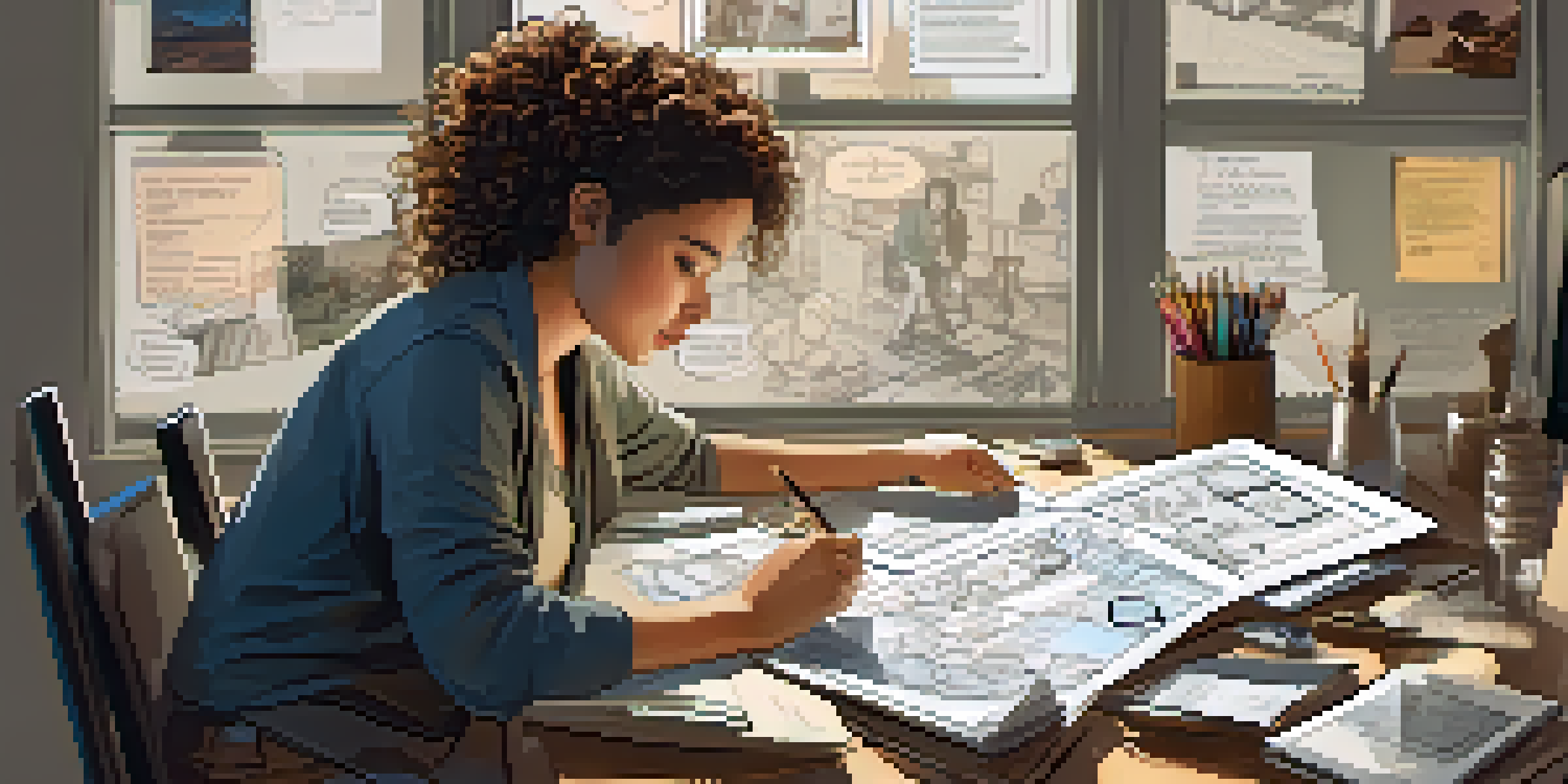 A storyboard artist at a desk, surrounded by sketches and art supplies, working on a storyboard.