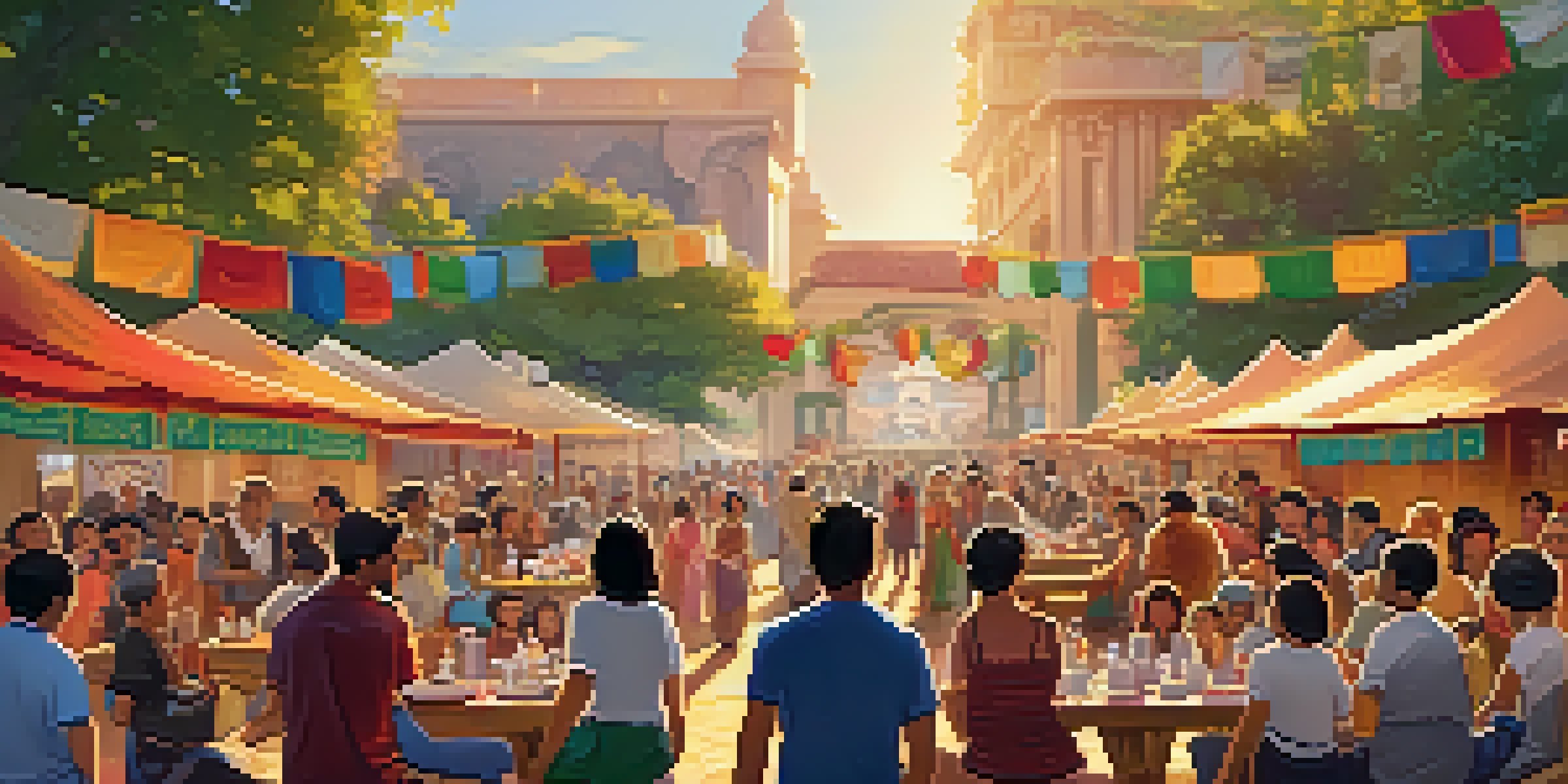 A lively outdoor film festival with a diverse audience enjoying a foreign film, surrounded by colorful decorations and food stalls.