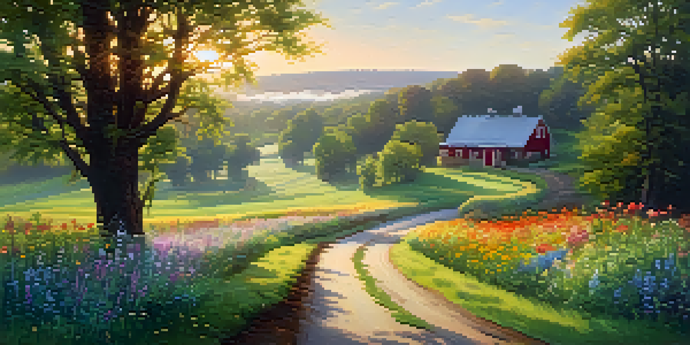 A peaceful countryside scene with a winding road and wildflowers at sunrise.