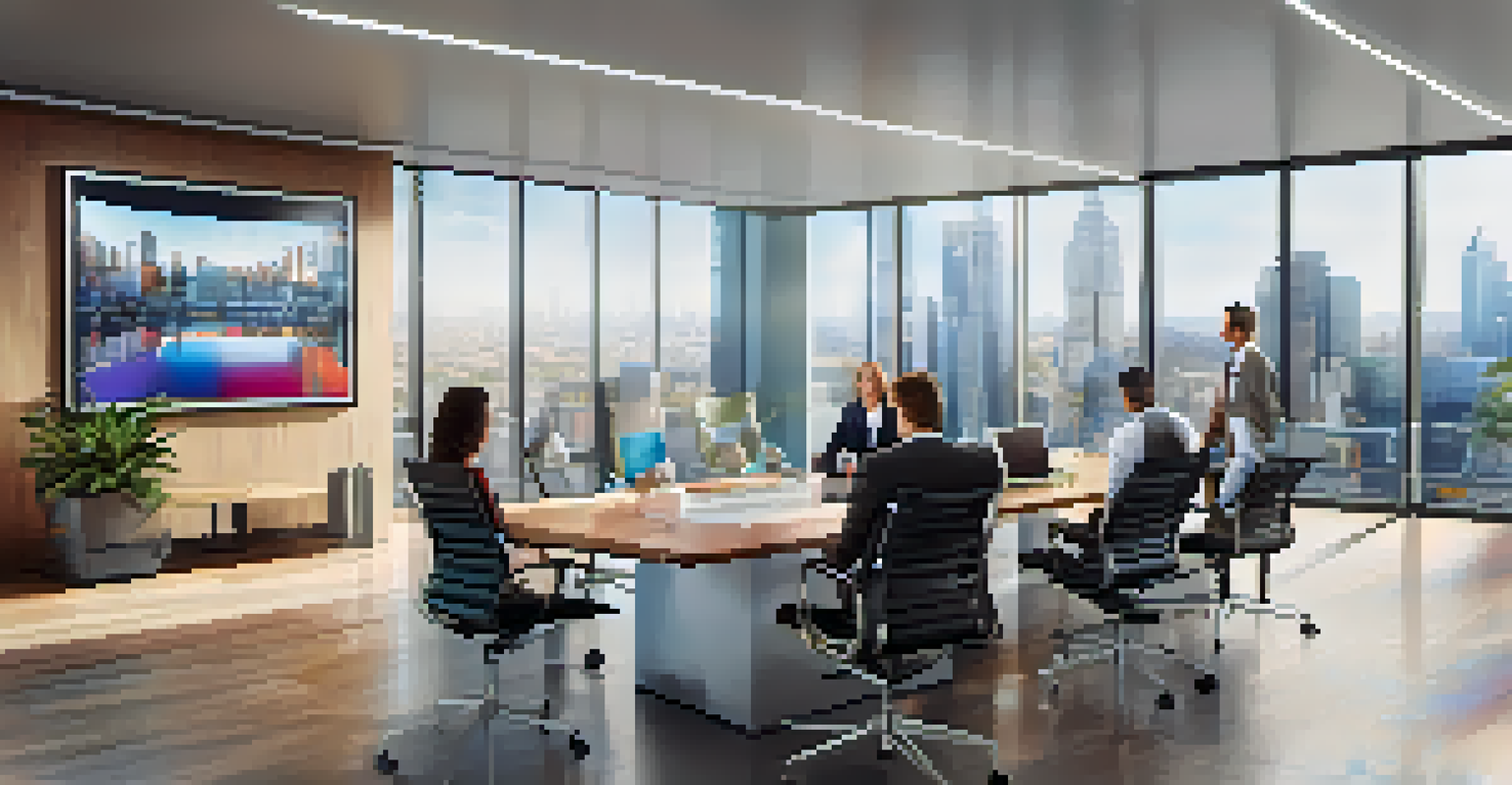 A modern talent agency office with a glass table and large windows, showing agents in discussion.