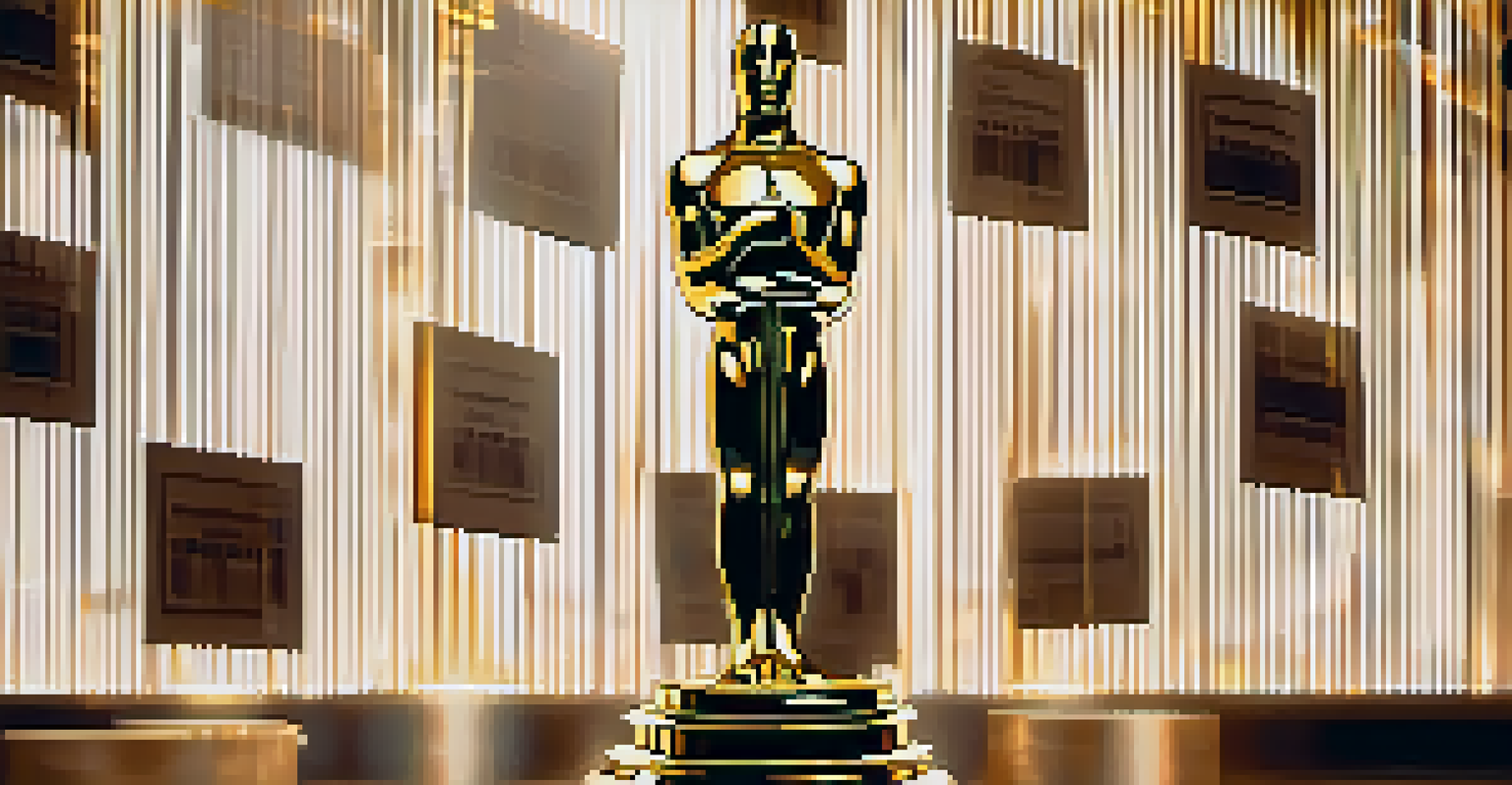 A golden Oscar statuette with film reels and clapperboards in the background.