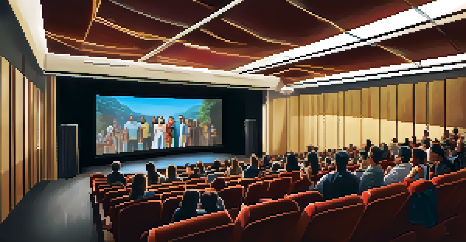 A diverse audience in a modern cinema hall watching a film, with expressions of engagement and reflection.