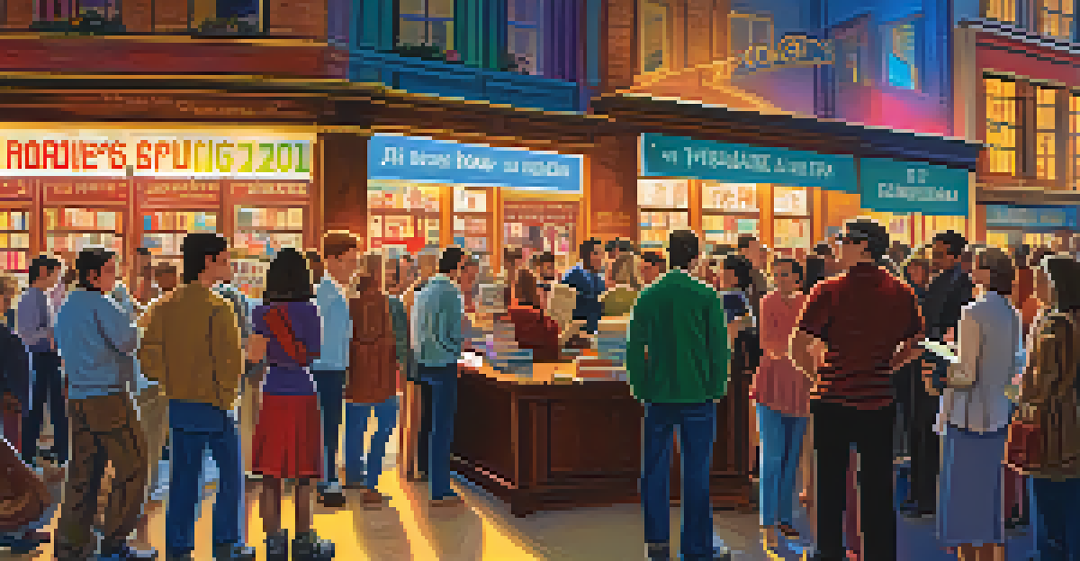 A lively book signing event with an author and actors, featuring fans in line and colorful promotional materials for the film adaptation.