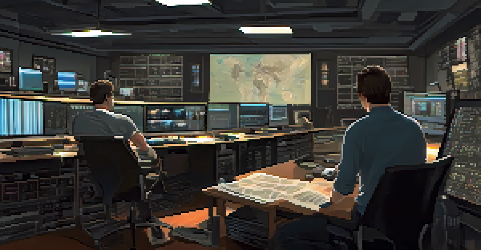 A young male director in a dimly lit editing room, reviewing footage on a large screen surrounded by editing equipment.