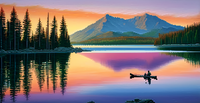 A peaceful lake at sunset, with mountains in the background and a canoeist on the water.