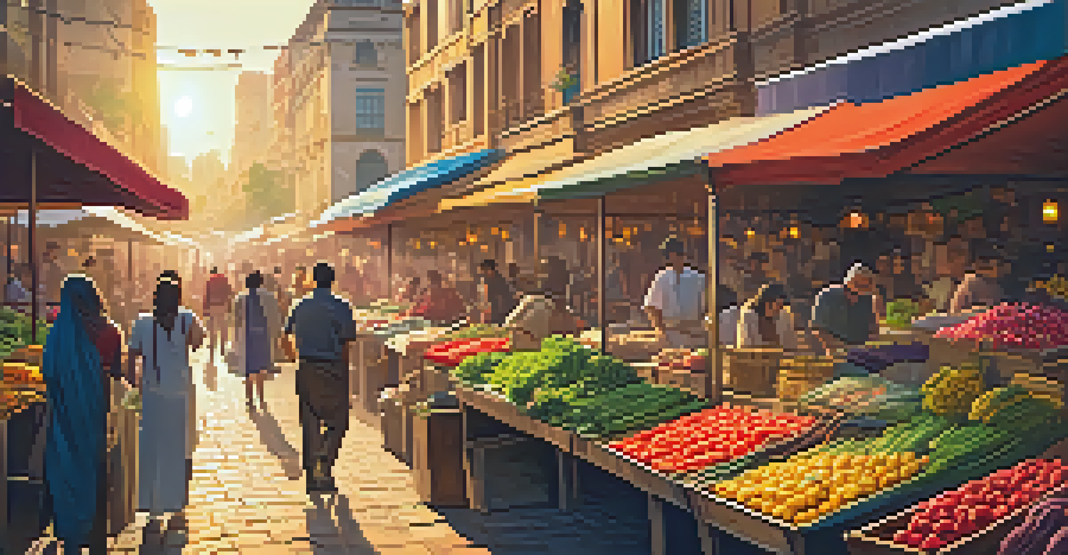 A lively urban street market at sunset with colorful stalls and diverse people shopping.