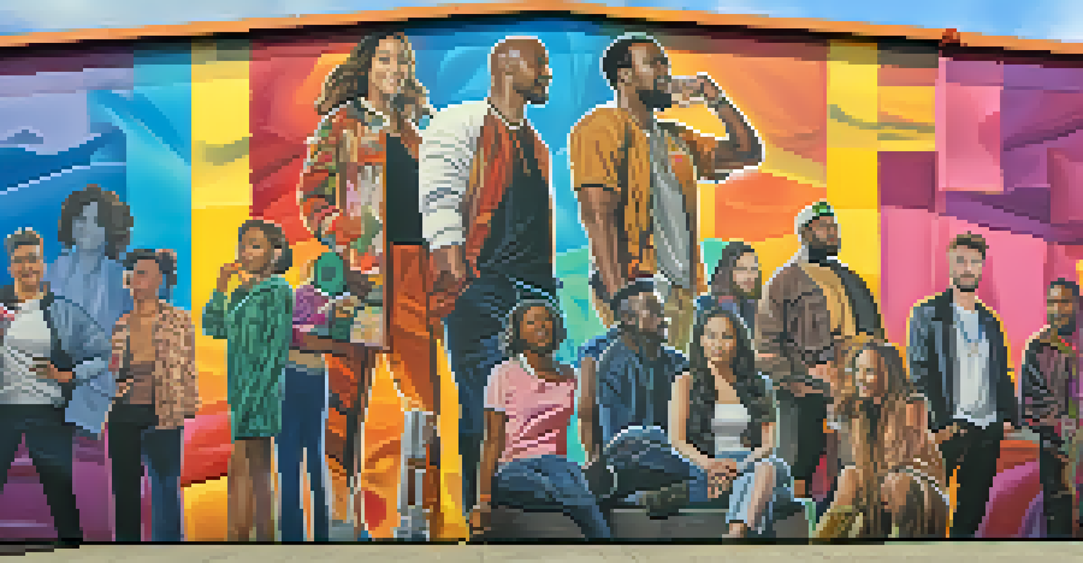 A colorful mural illustrating characters from films and shows that discuss mental health issues, with inspirational quotes enhancing the message.