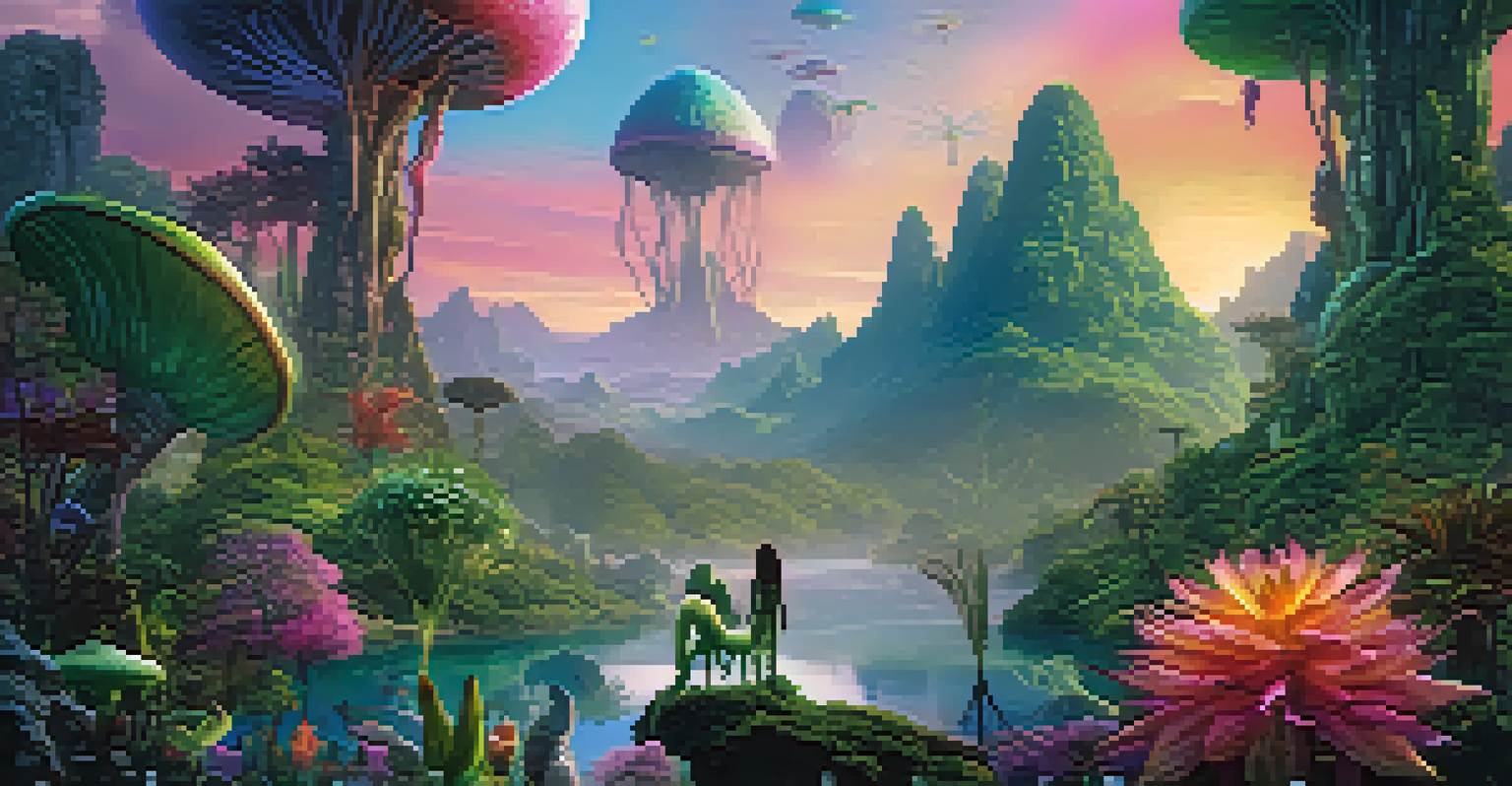 A vibrant fantasy landscape showcasing a blend of practical effects and CGI, filled with colorful alien creatures and dramatic lighting.