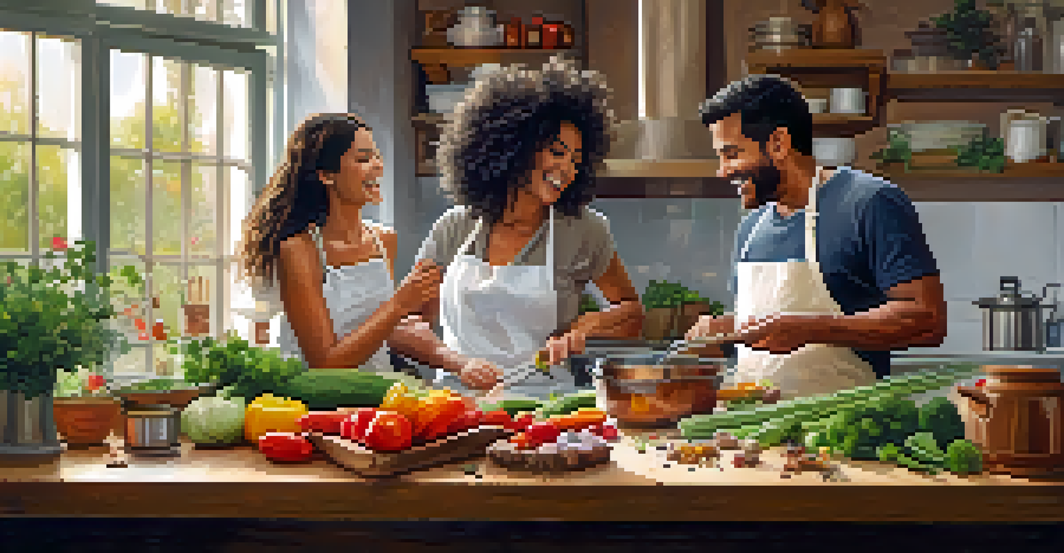 A couple happily cooking together in a bright and cozy kitchen, surrounded by fresh ingredients.