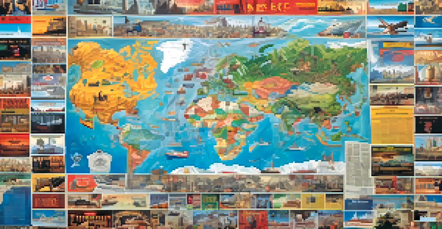 A colorful map depicting global cinema with iconic movie posters from different countries and cultural symbols, on a textured canvas background.