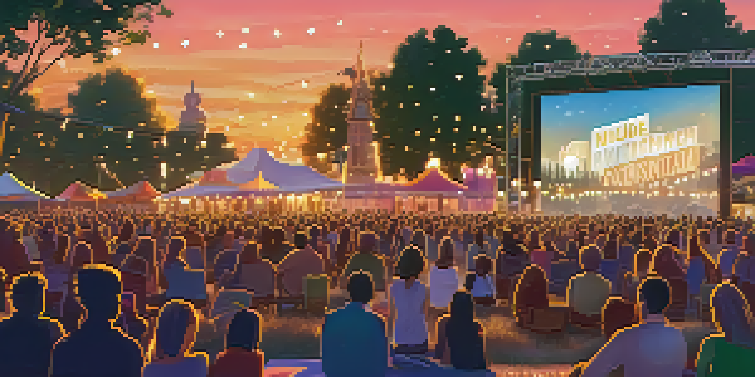A colorful outdoor film festival at sunset, with a diverse audience watching an indie film on a large screen, surrounded by banners and fairy lights.