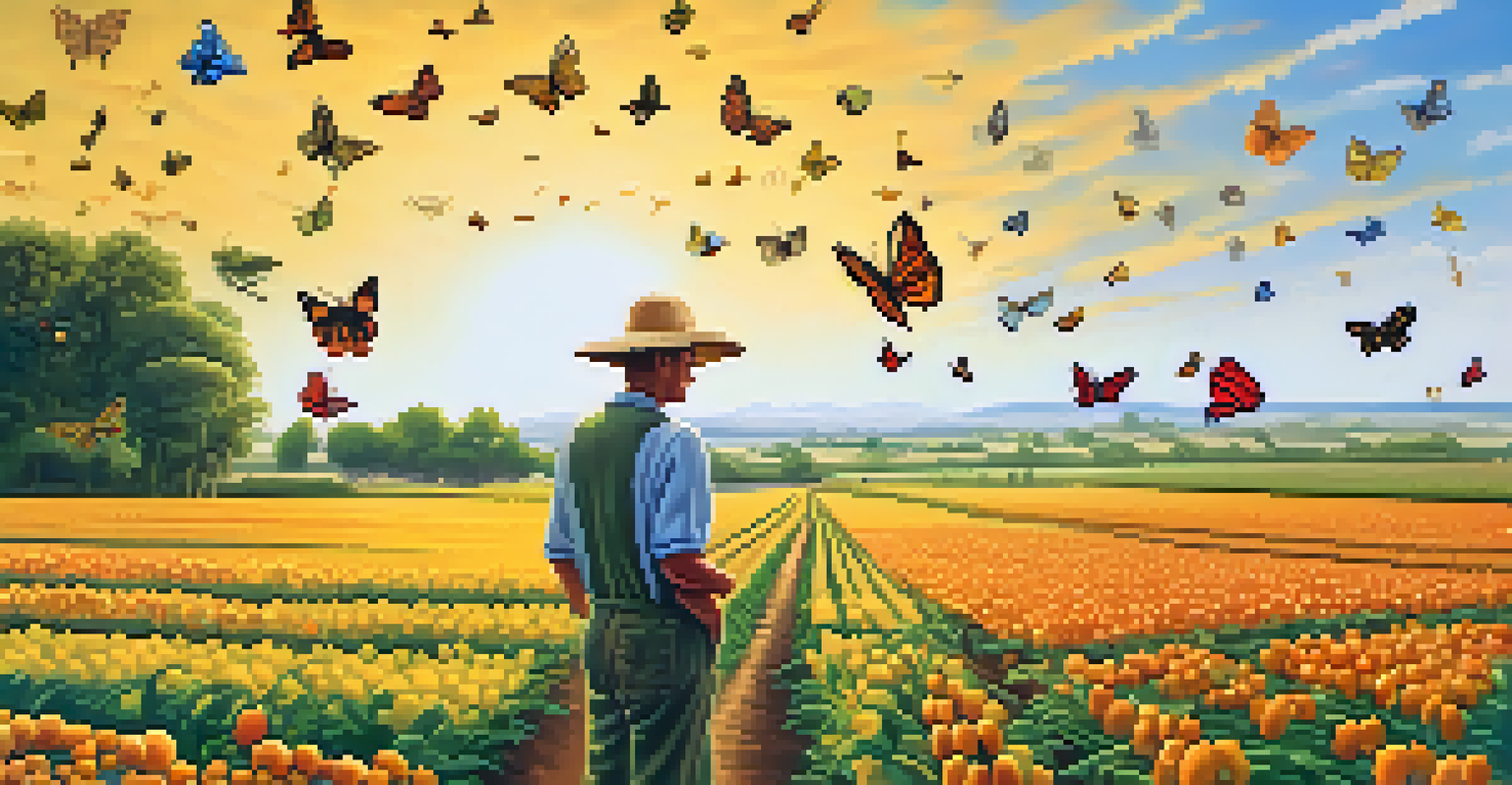 An agricultural field with vibrant genetically modified crops under a sunny sky, and a farmer inspecting the plants.