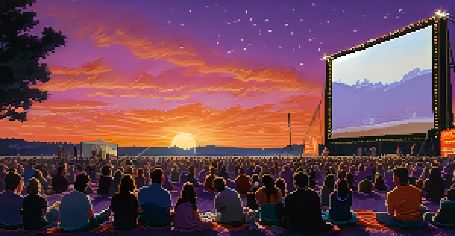 An outdoor film festival at dusk, with an audience watching a restored classic film on a large screen, surrounded by string lights and sunset colors.