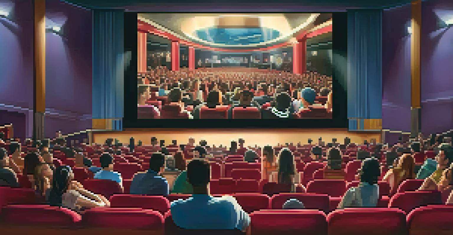 Inside a contemporary cinema, a diverse audience is captivated by a film on a large screen, showcasing plush seating and ambient lighting.