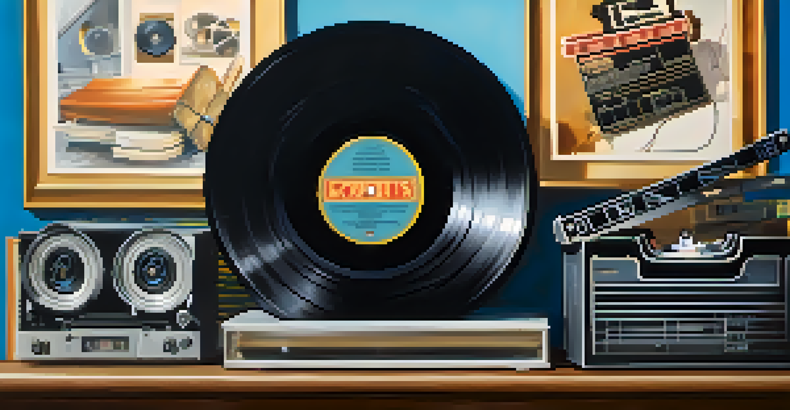 A vinyl record surrounded by movie-themed items like a film reel and clapperboard, with a nostalgic blue and gold background.