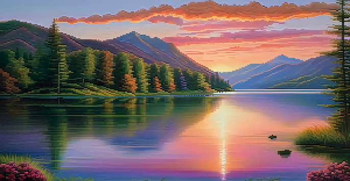 A tranquil lake surrounded by lush green mountains at sunset with vibrant colors in the sky reflecting on the water.
