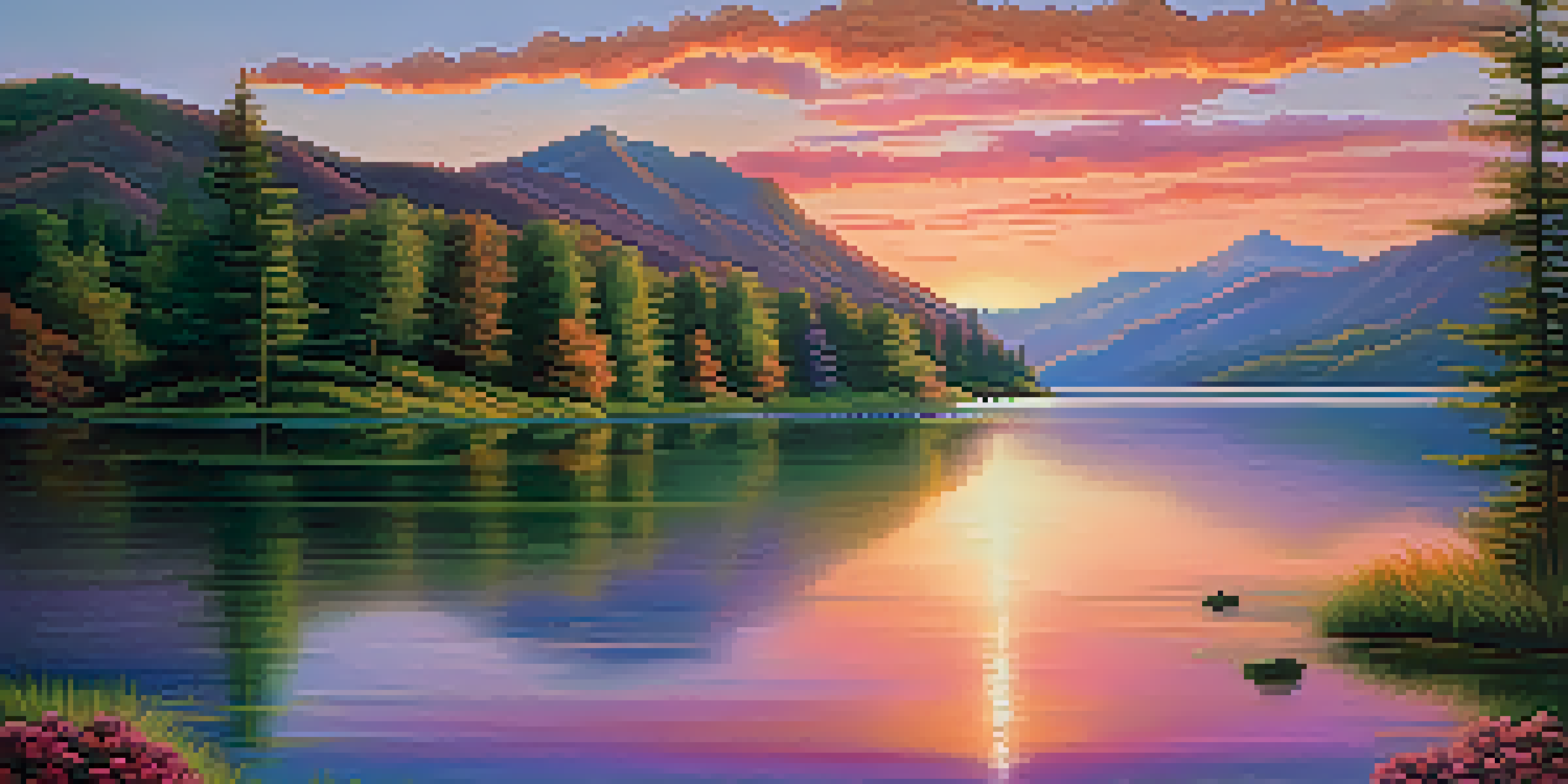 A tranquil lake surrounded by lush green mountains at sunset with vibrant colors in the sky reflecting on the water.