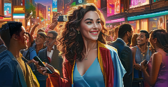 A celebrity interacts with enthusiastic fans on a busy city street, surrounded by colorful movie posters and bright lights.