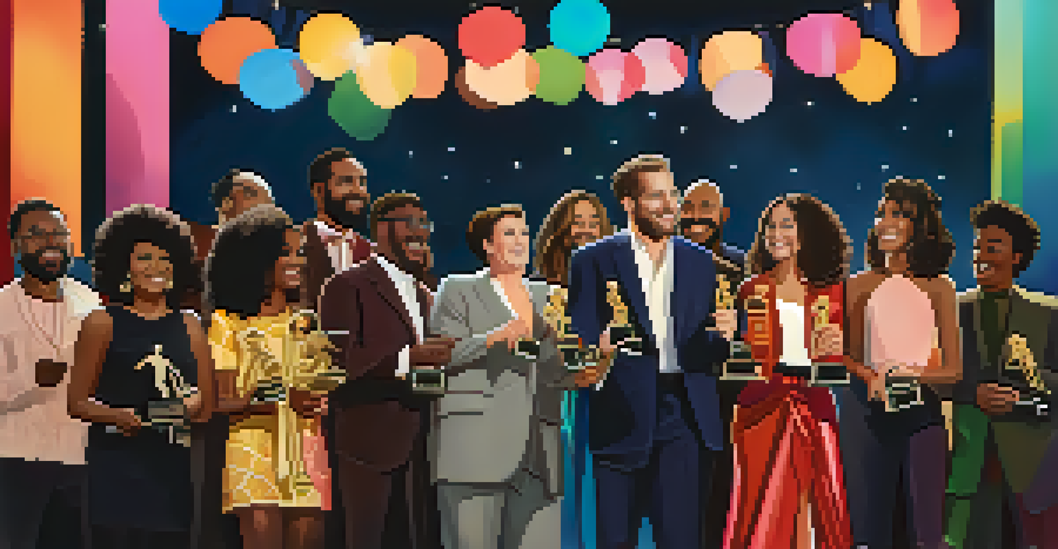 A group of diverse filmmakers and actors on stage with awards, showcasing unity in the film industry.