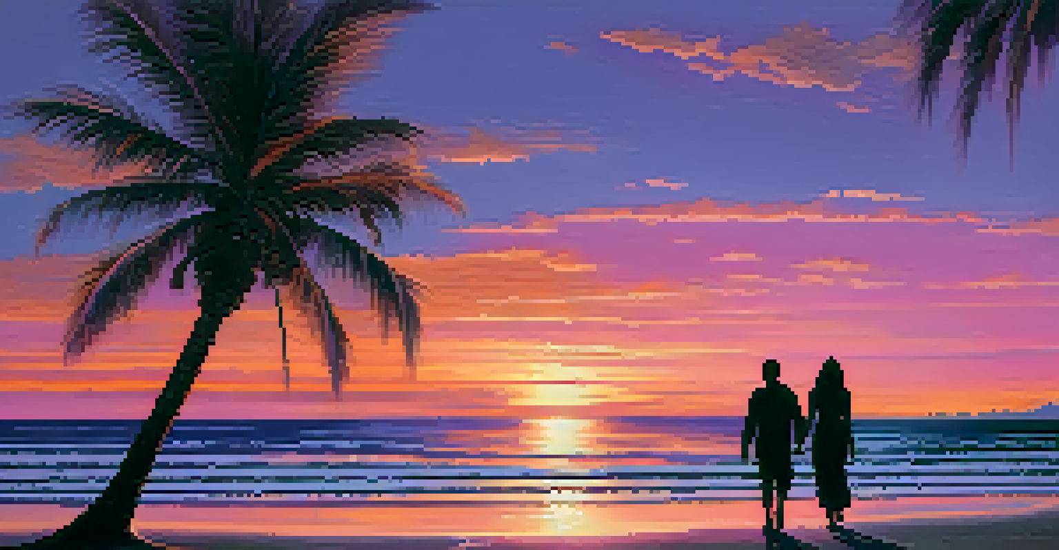 A serene beach at sunset with palm tree silhouettes, colorful sky, and a couple walking along the shore.