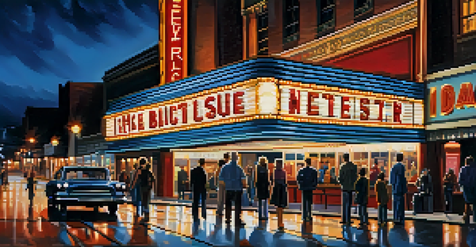 A bustling movie theater at night with a bright marquee and people waiting in line.