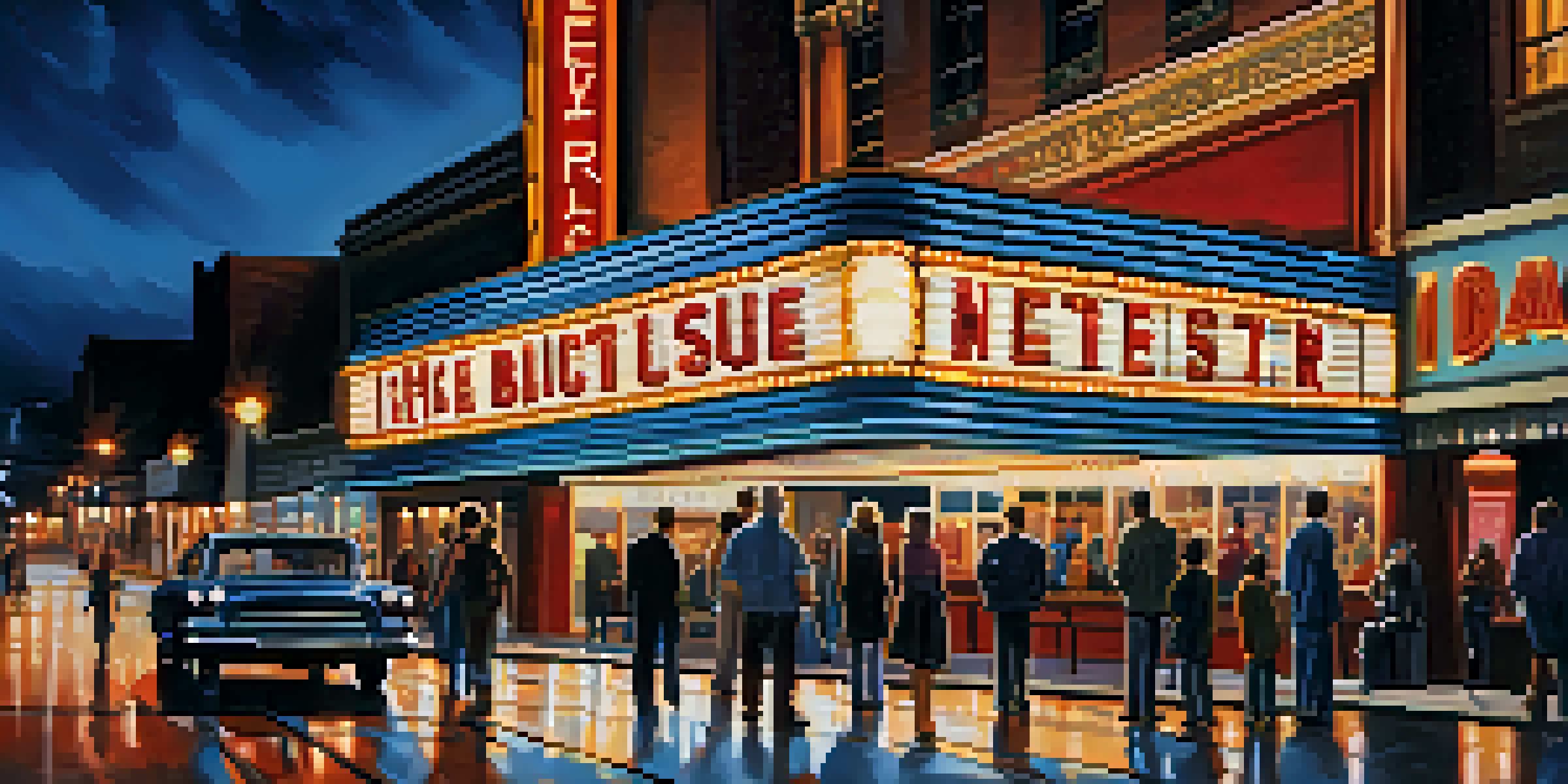 A bustling movie theater at night with a bright marquee and people waiting in line.