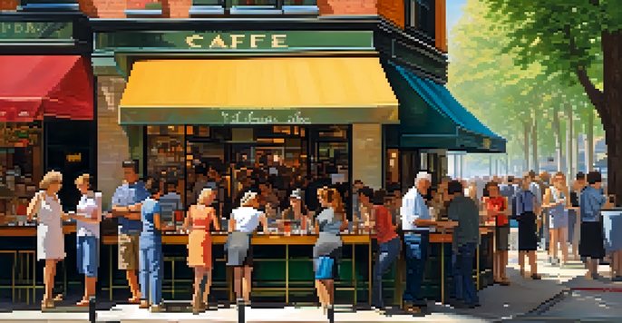A lively café scene with a long line of diverse people outside, warm atmosphere and sunlight filtering through trees.