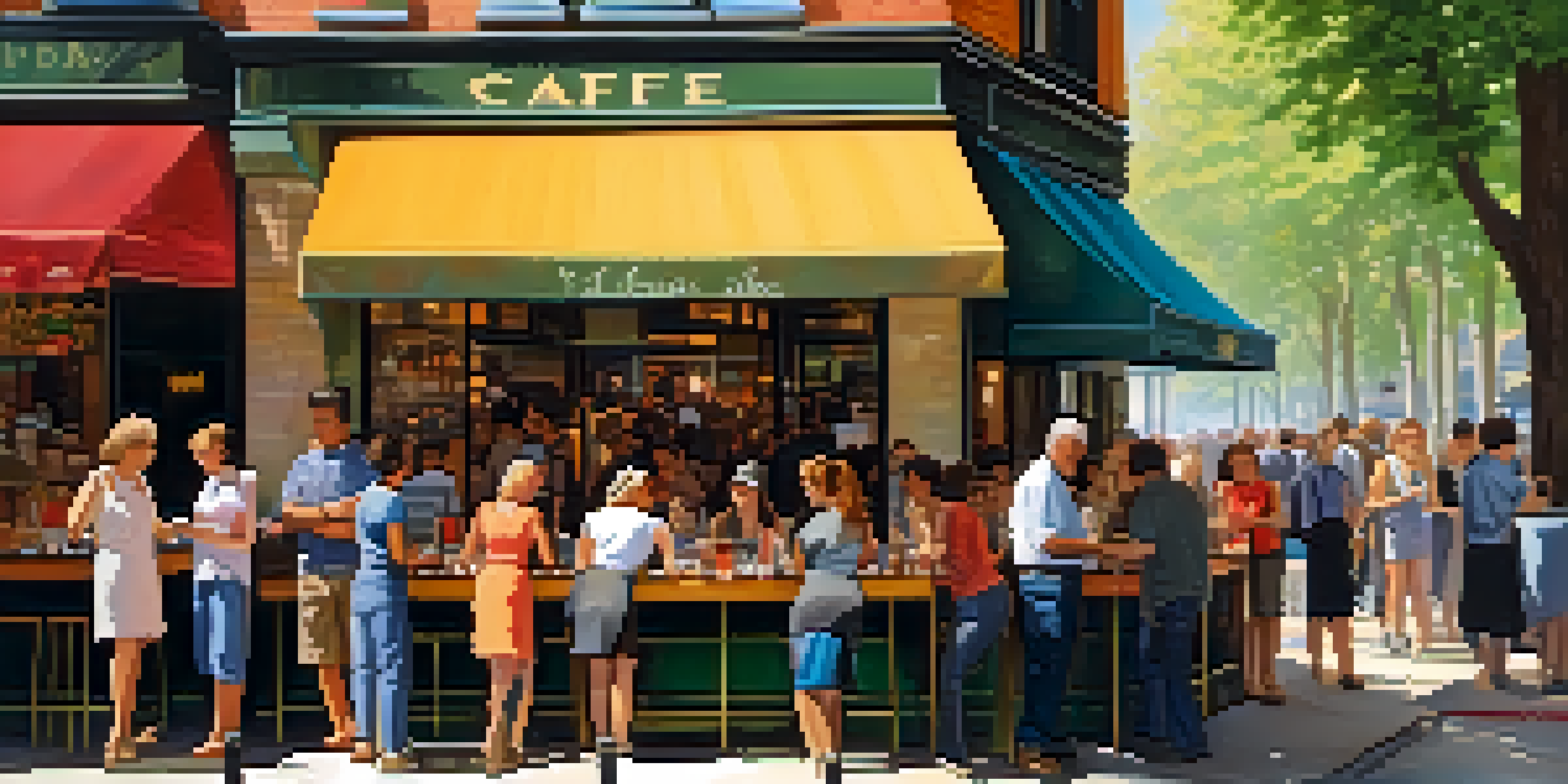 A lively café scene with a long line of diverse people outside, warm atmosphere and sunlight filtering through trees.