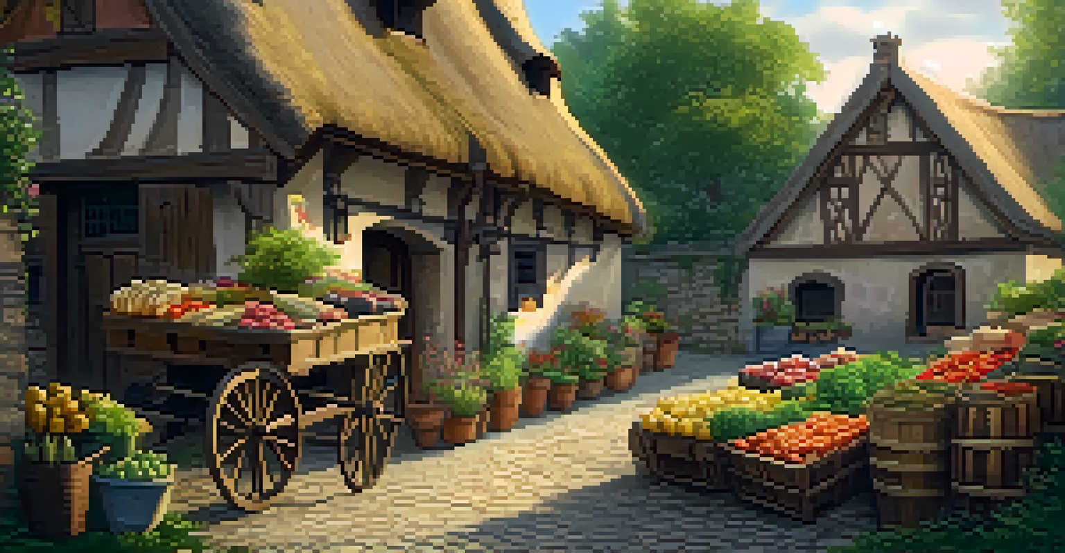 A medieval village film set with thatched-roof cottages, cobblestone paths, and lush greenery, illuminated by warm golden hour light.