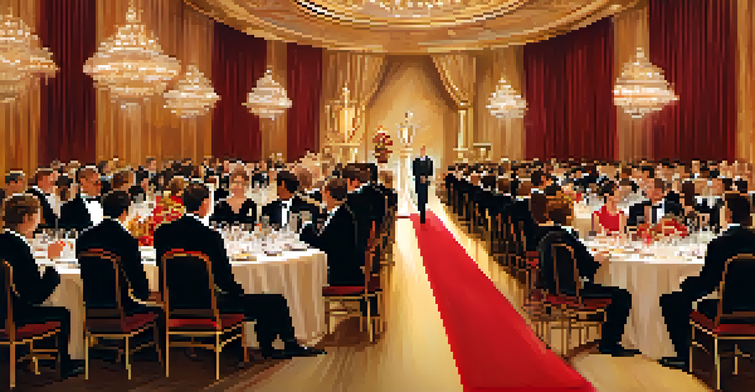 An elegant awards ceremony with a glamorous stage, golden trophy, and guests in formal attire seated at beautifully set tables.