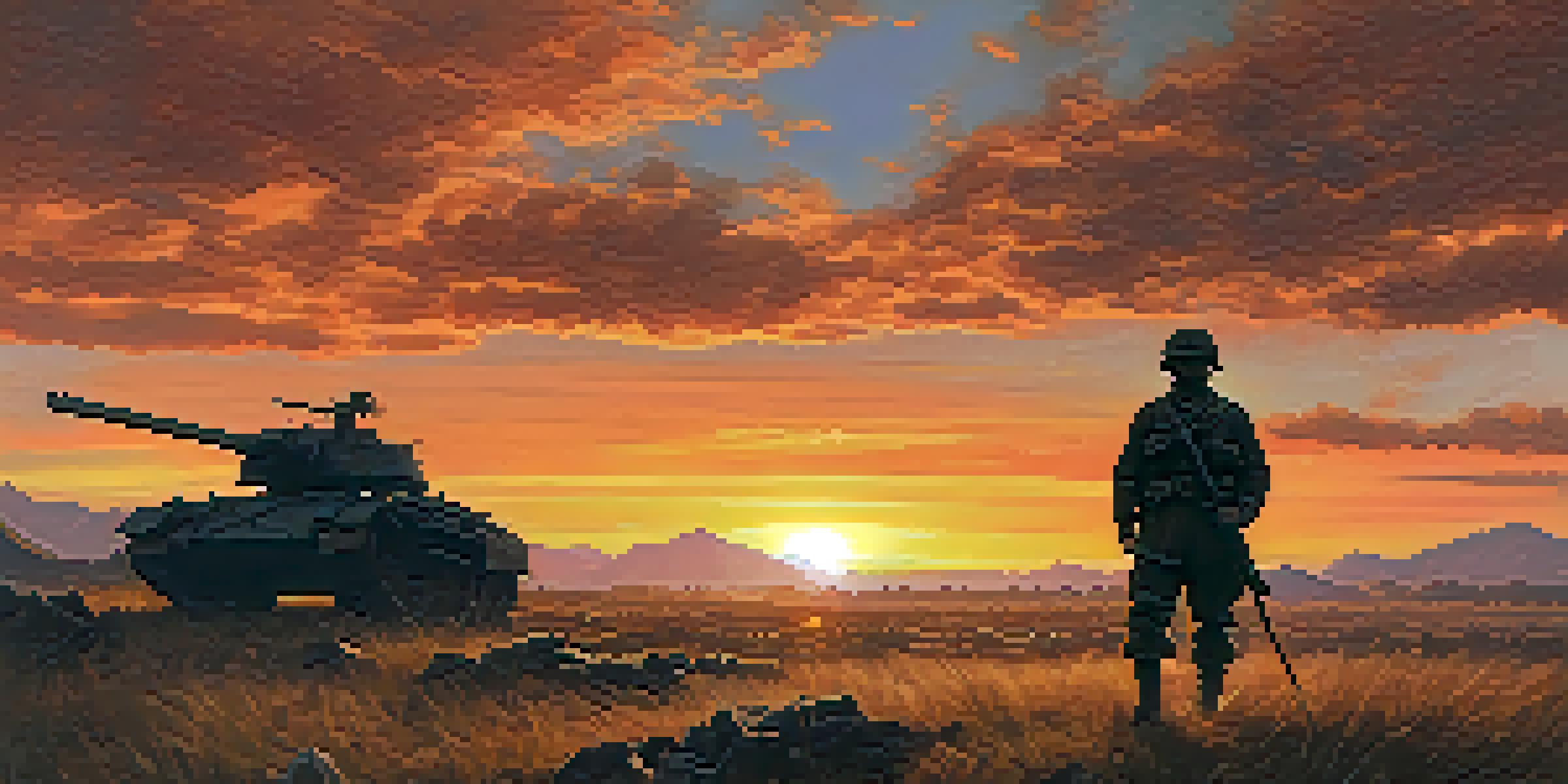 A war hero stands on a battlefield at sunset, holding a flag high, with a dramatic sky in the background.