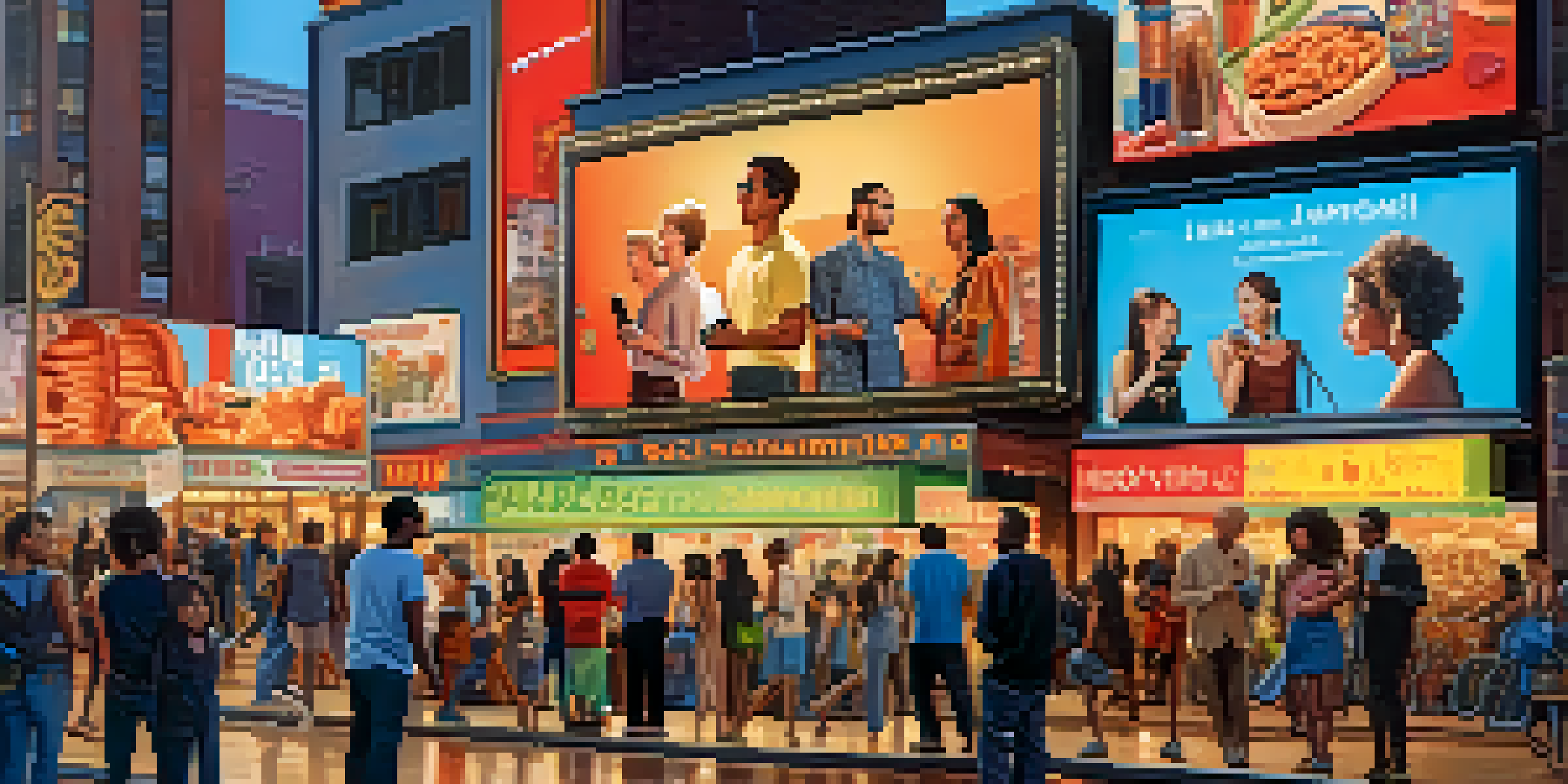A lively city street with a diverse crowd using smartphones, surrounded by colorful movie billboards in different languages.