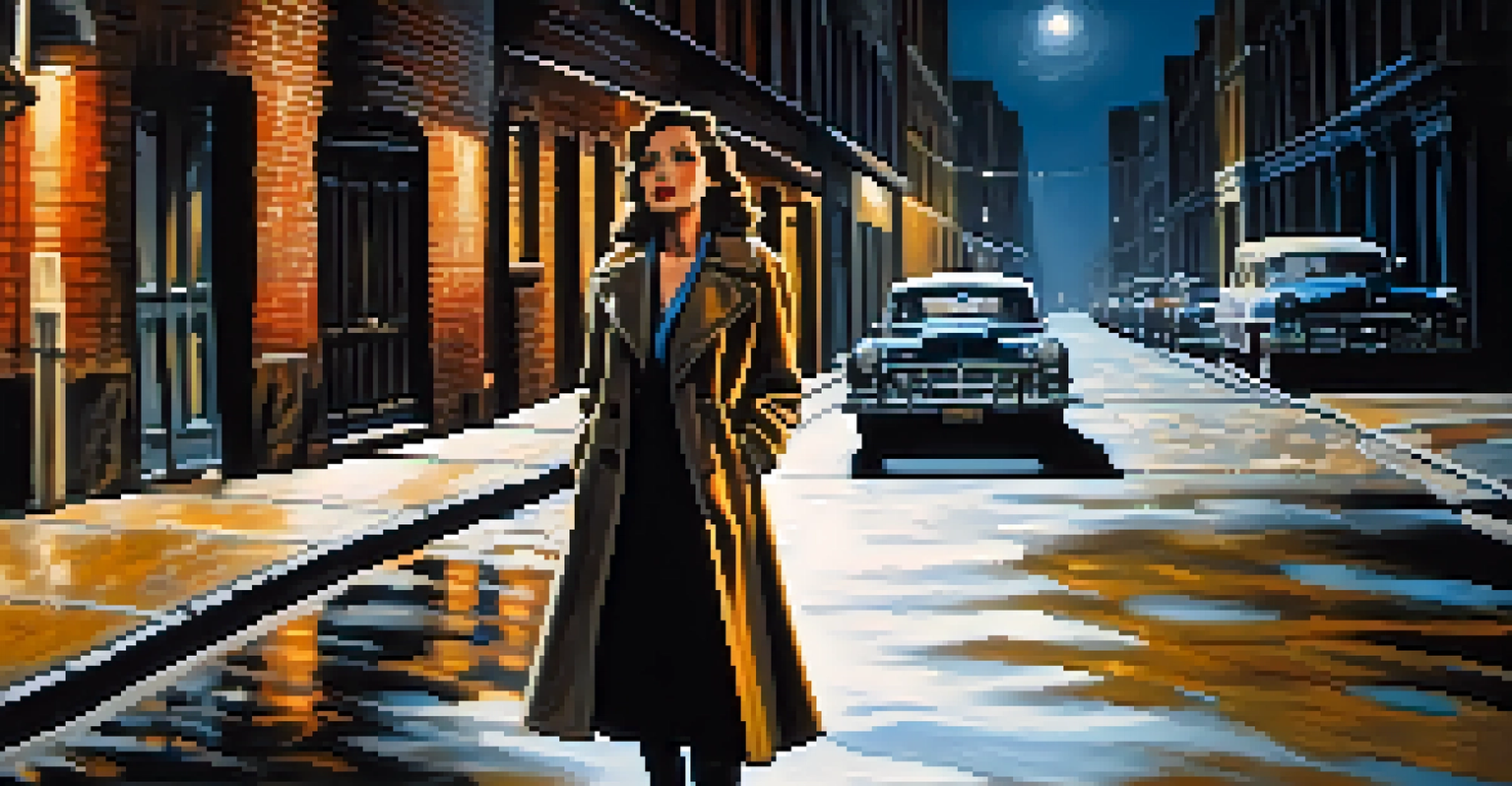 A film noir scene featuring a confident female lead in an alley, with dramatic lighting and rain-soaked cobblestones.
