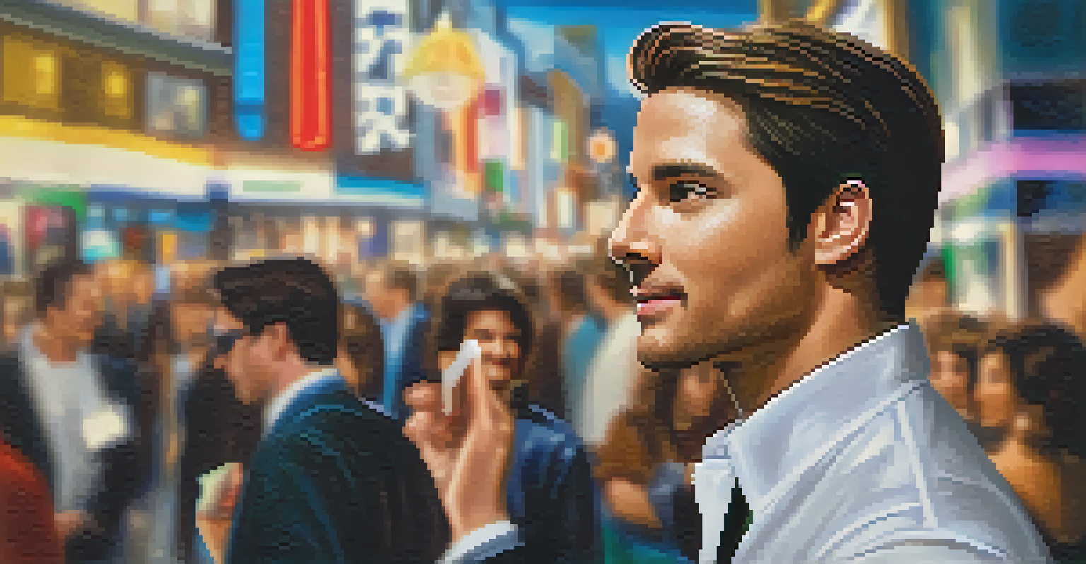 A close-up of a filmmaker's hand holding a business card, with a blurry bustling film festival in the background, symbolizing networking opportunities.