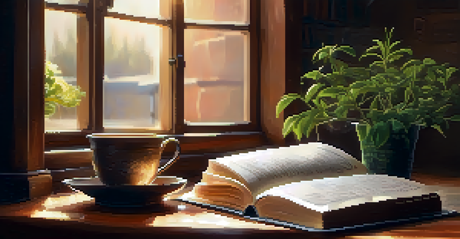 A close-up of an open book with handwritten notes, a steaming cup of tea, and reading glasses on a wooden table.