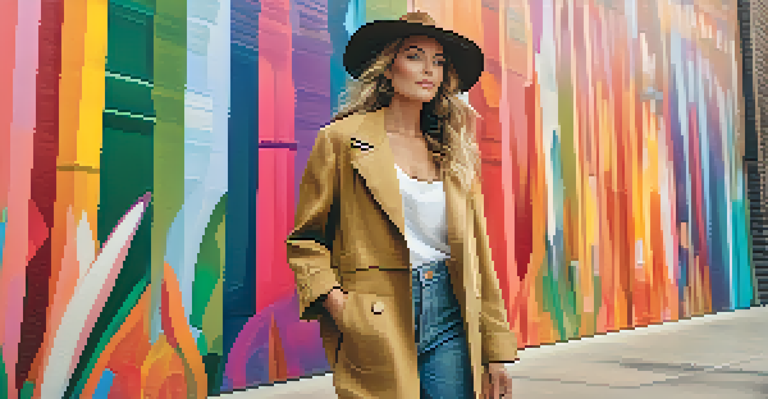 A celebrity influencer showcasing sustainable fashion in an urban setting with an artistic mural.