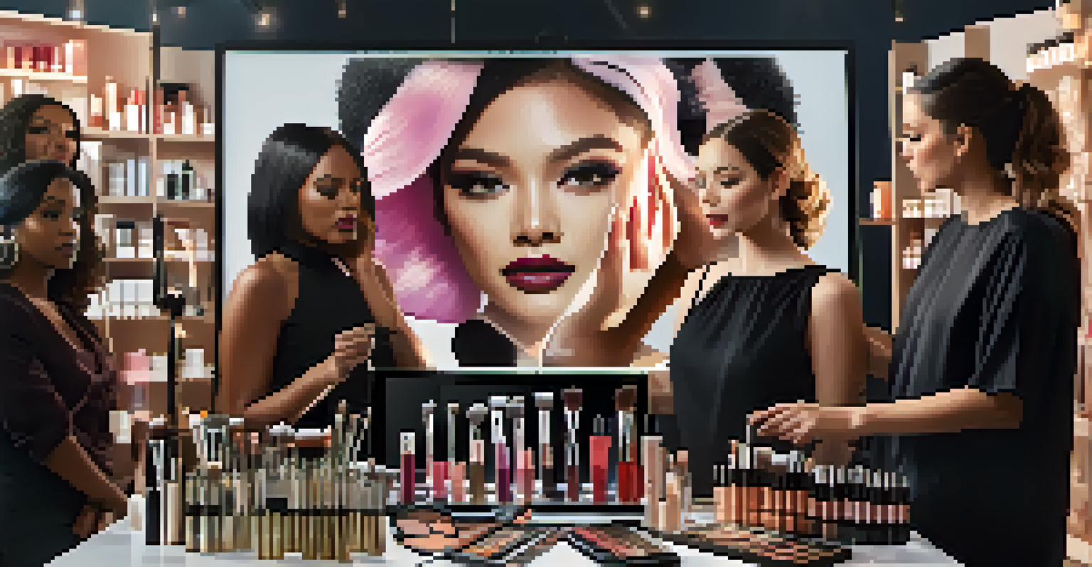 A diverse group of make-up artists collaborating on a film set with a variety of products.