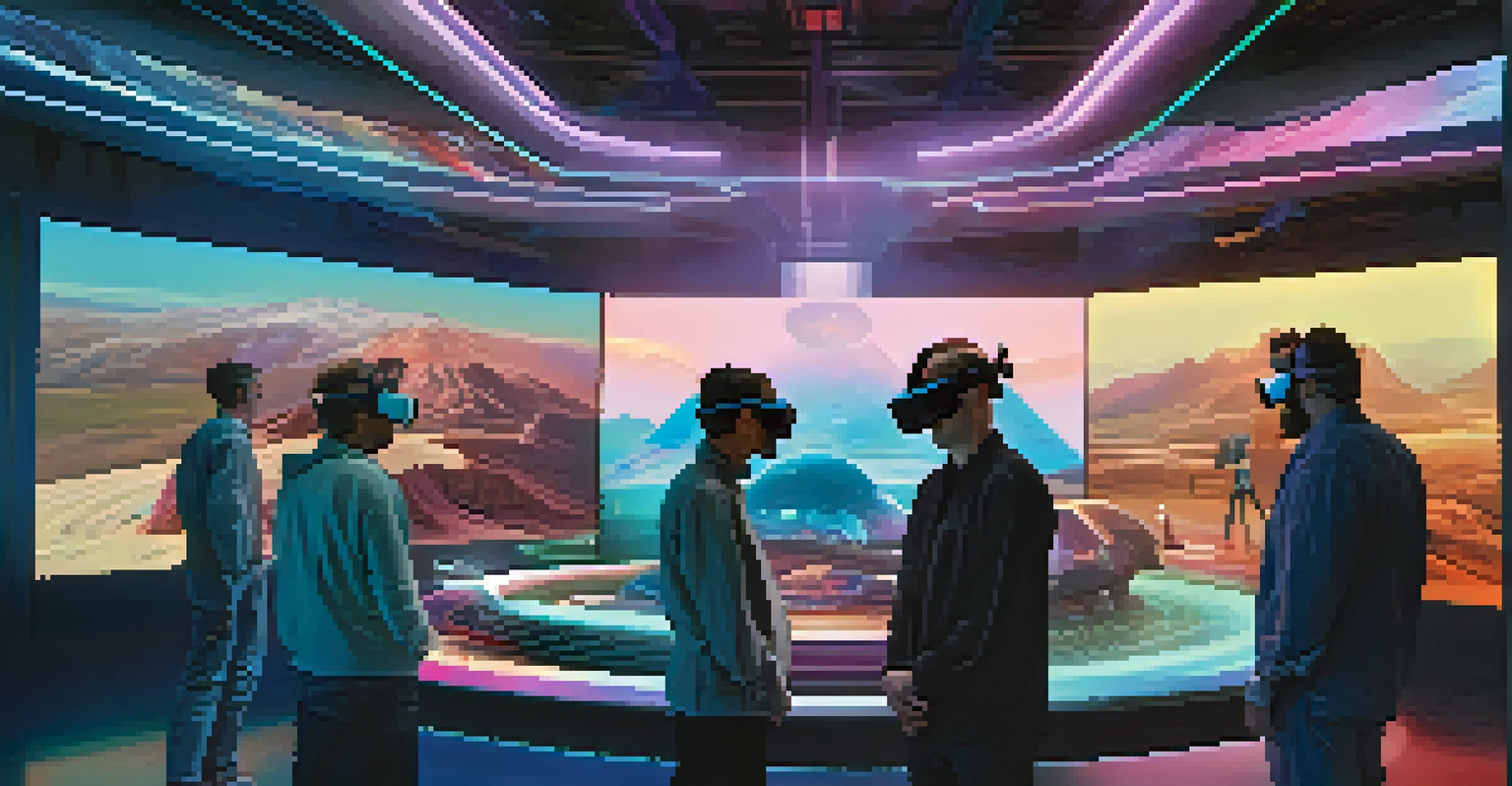 A futuristic film set with directors and technicians collaborating around a holographic display, emphasizing innovation in storytelling.