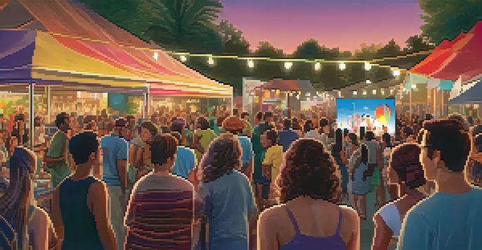 A lively outdoor scene at an independent film festival with a diverse crowd watching a film on a large screen, surrounded by food stalls and festive decorations.