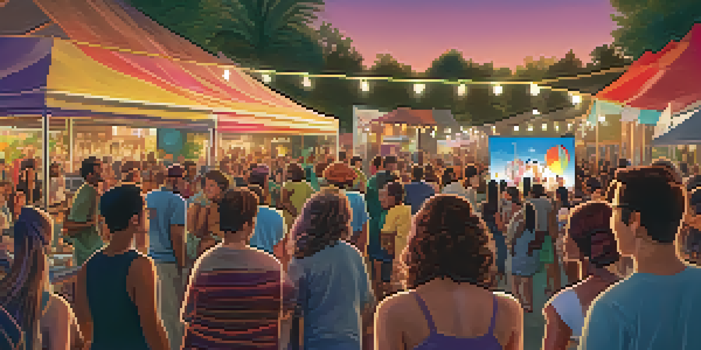 A lively outdoor scene at an independent film festival with a diverse crowd watching a film on a large screen, surrounded by food stalls and festive decorations.