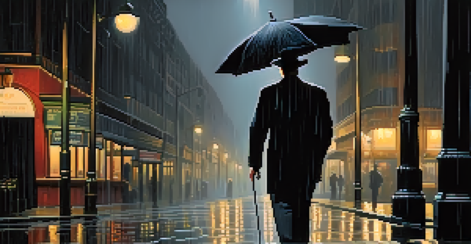 A detective in a fedora standing under a streetlamp in the rain, with dramatic shadows and reflections on the pavement.