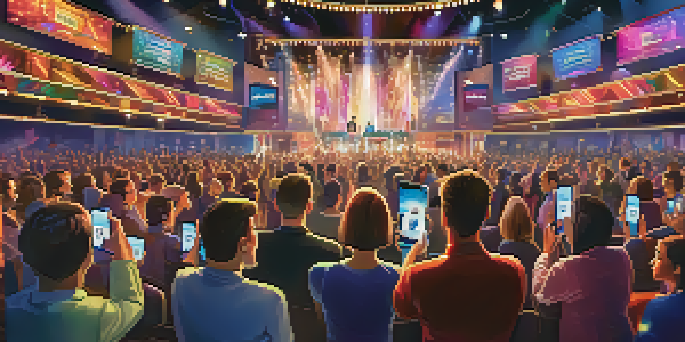 A vibrant awards show audience voting with smartphones, filled with colorful lights and a large stage.