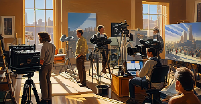A diverse group of filmmakers and actors on a Hollywood film set, discussing a script in warm sunlight with film equipment and storyboards around them.