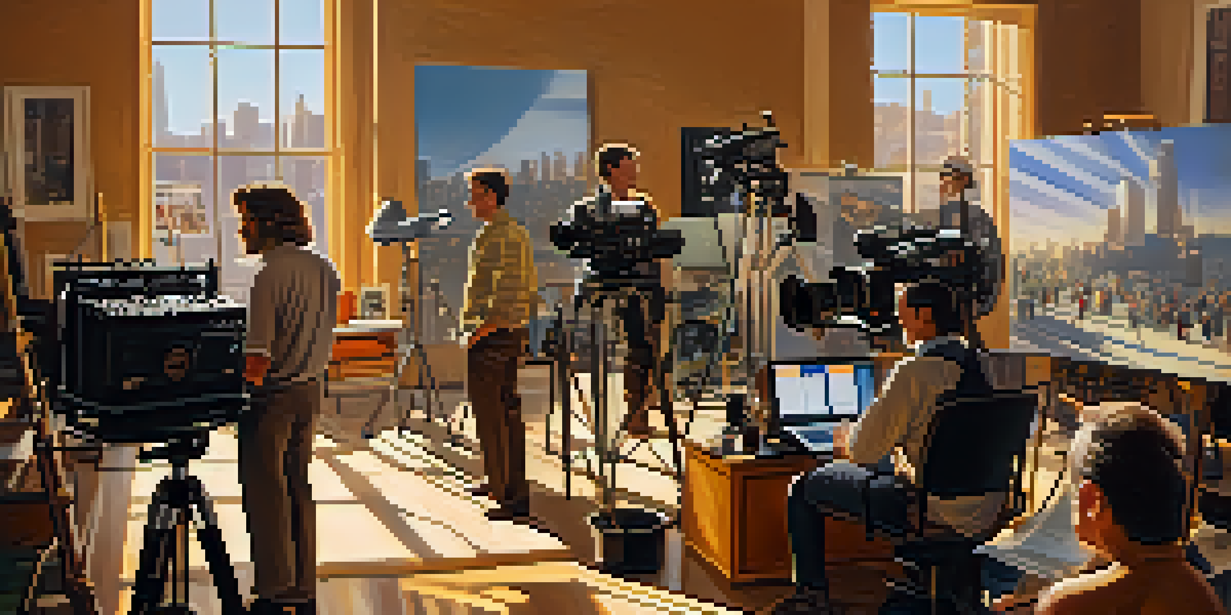 A diverse group of filmmakers and actors on a Hollywood film set, discussing a script in warm sunlight with film equipment and storyboards around them.