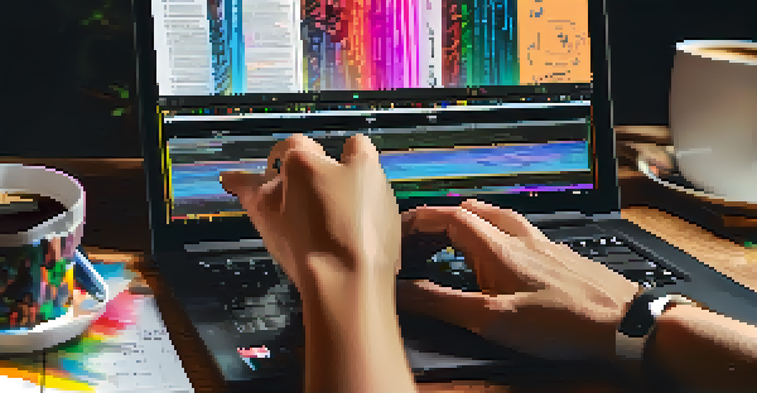 A close-up of a filmmaker editing a film on a laptop, surrounded by coffee cups and notes.