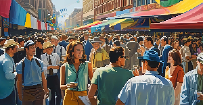 Actors and filmmakers networking at a film festival, surrounded by colorful banners and a sunny sky.
